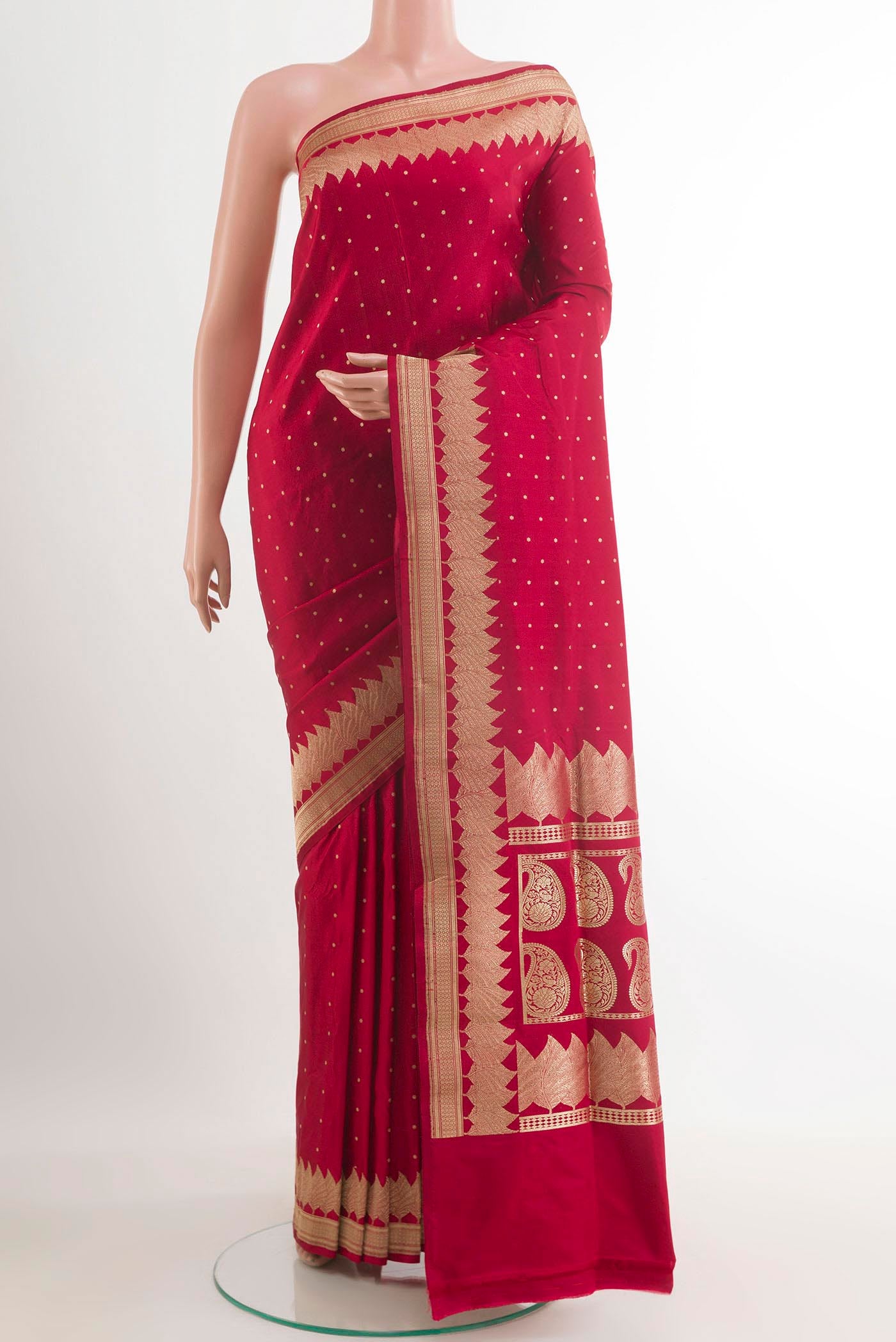 Pure Silk Pure Zari Red Banarasi Saree with Zari Butta on the body and Zari Border.  displayed on a mannequin