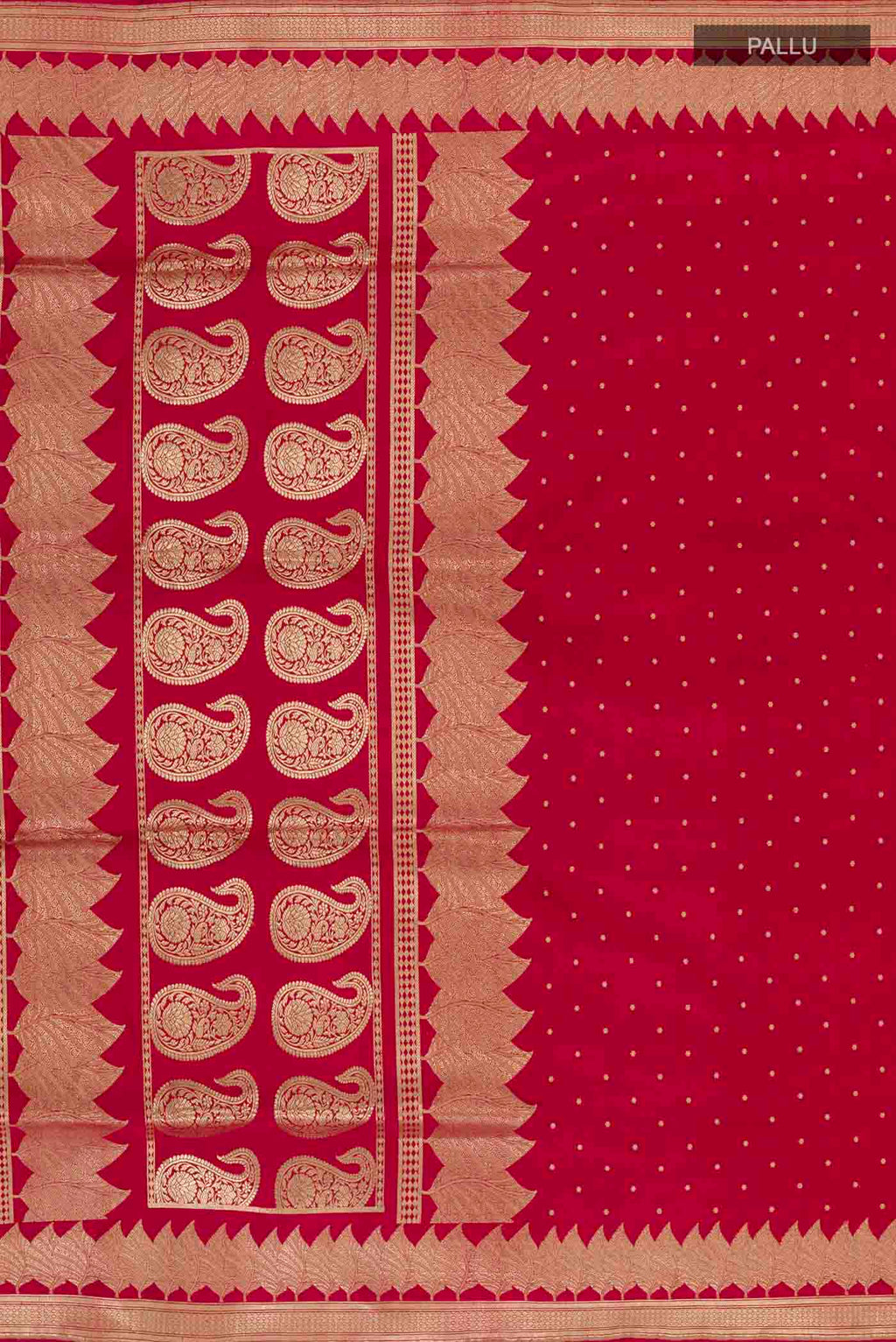 Close up image of the pallu of Pure Silk Pure Zari Red Banarasi Saree with Zari Butta on the body and Zari Border. 