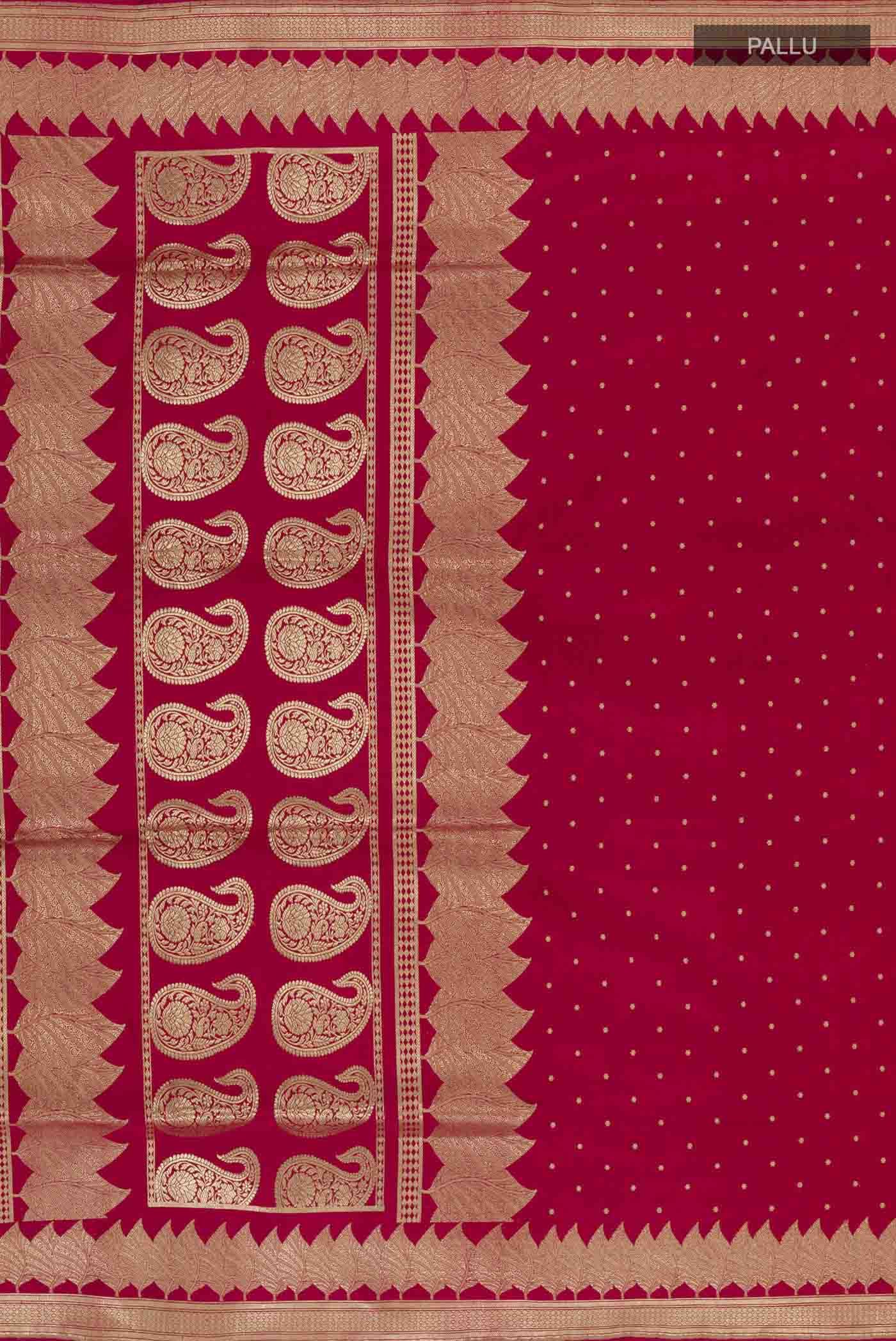 Close up image of the pallu of Pure Silk Pure Zari Red Banarasi Saree with Zari Butta on the body and Zari Border. 