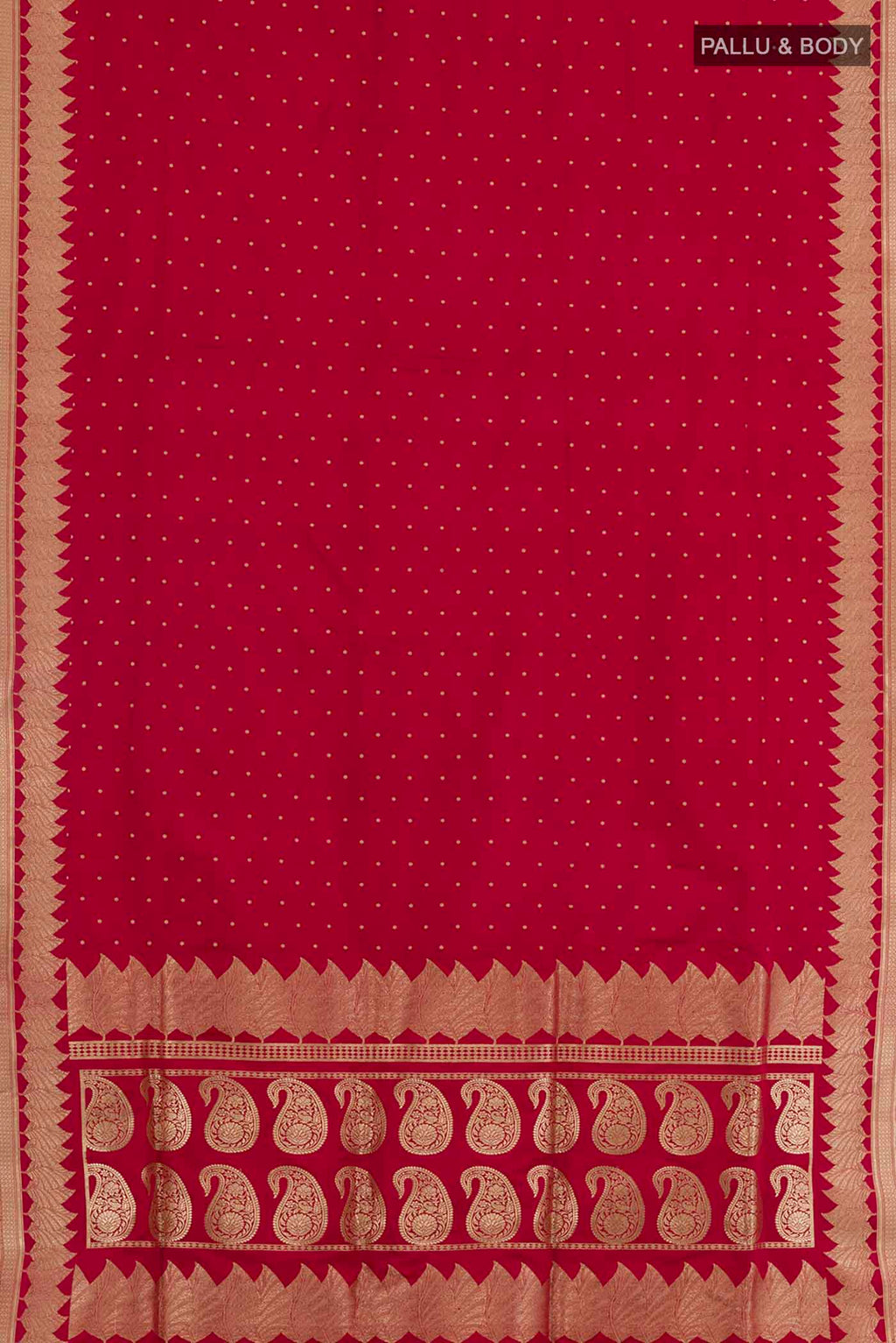 Flat view of Pure Silk Pure Zari Red Banarasi Saree with Zari Butta on the body and Zari Border. 