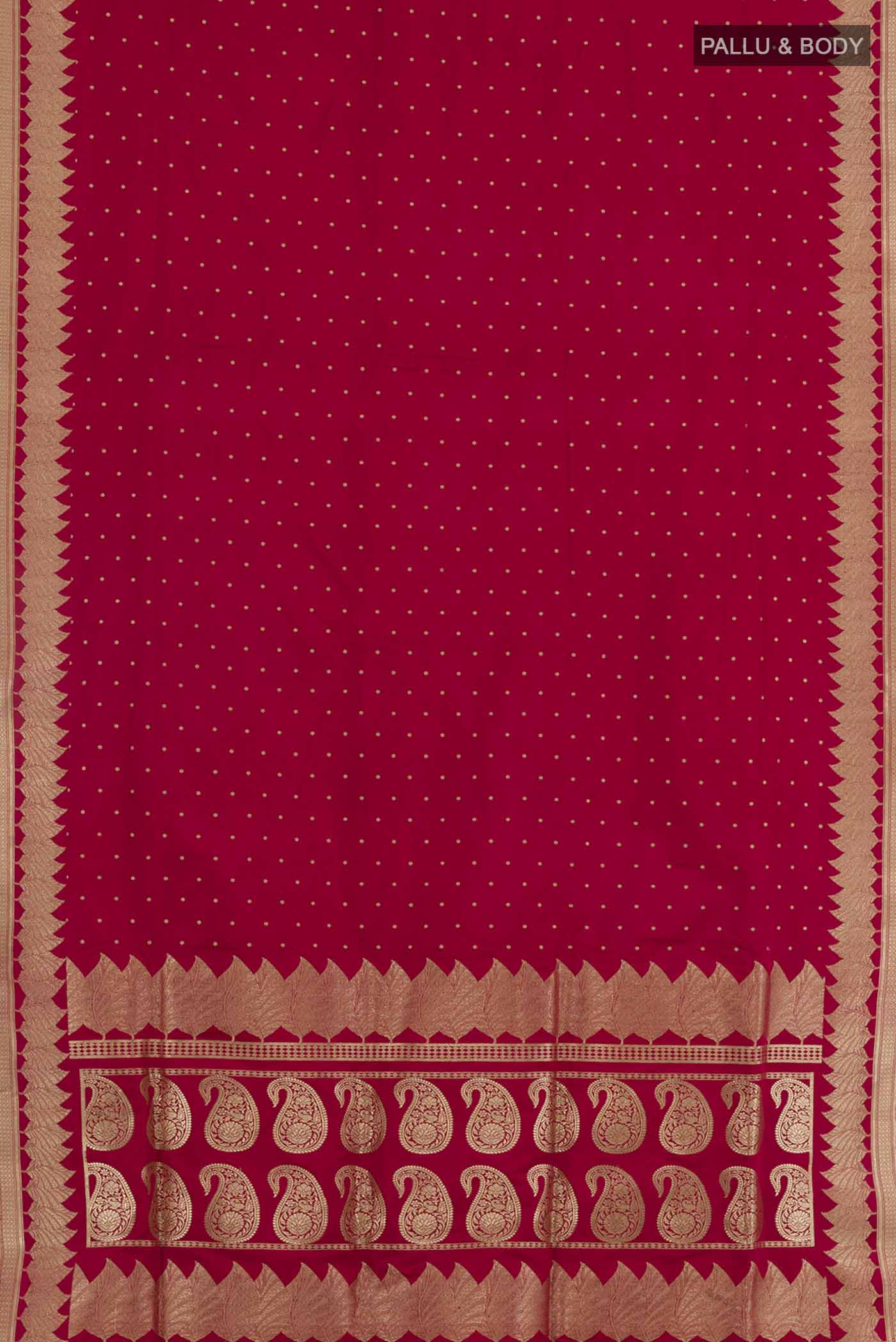 Flat view of Pure Silk Pure Zari Red Banarasi Saree with Zari Butta on the body and Zari Border. 