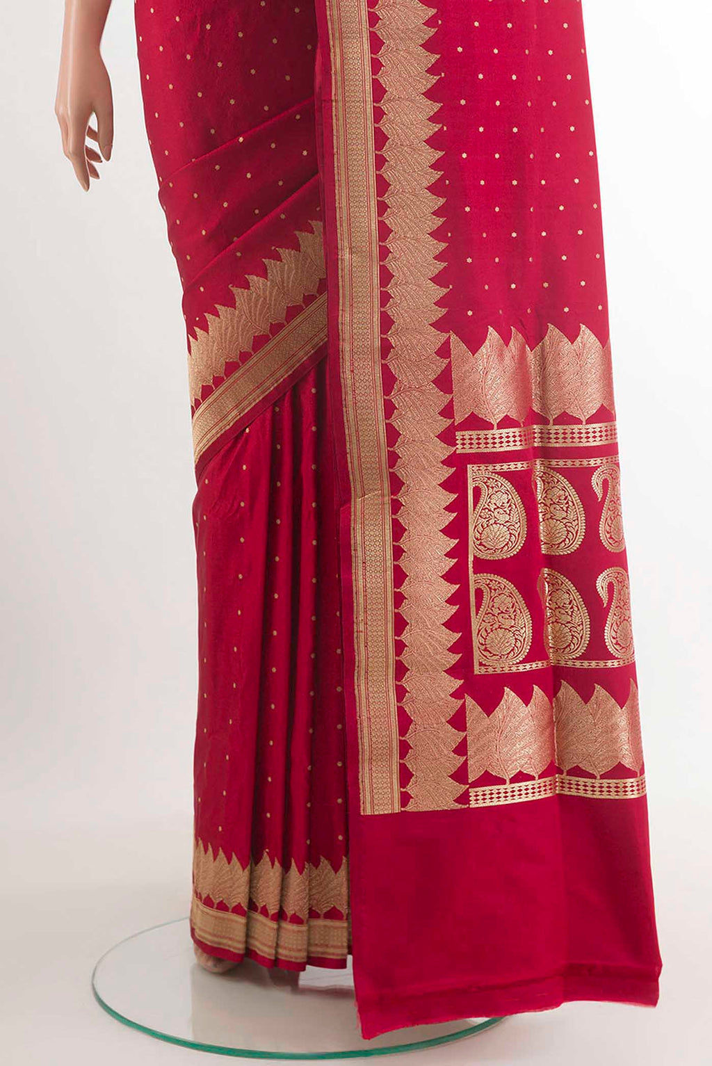 Pleats and pallu of Pure Silk Pure Zari Red Banarasi Saree with Zari Butta on the body and Zari Border. 