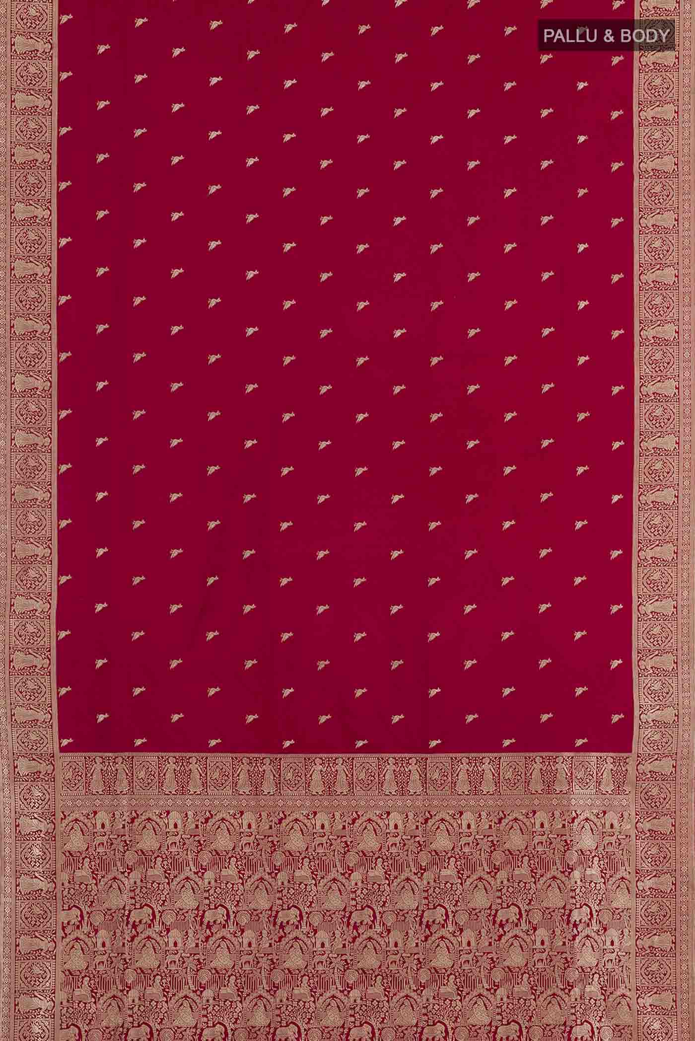 Flat view of Red Banarasi Silk Saree with Zari Butta on the body and Zari Border. 