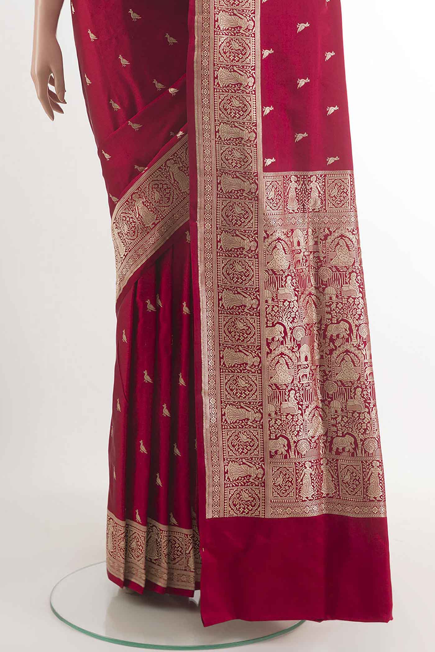 Pleats and pallu of Red Banarasi Silk Saree with Zari Butta on the body and Zari Border. 