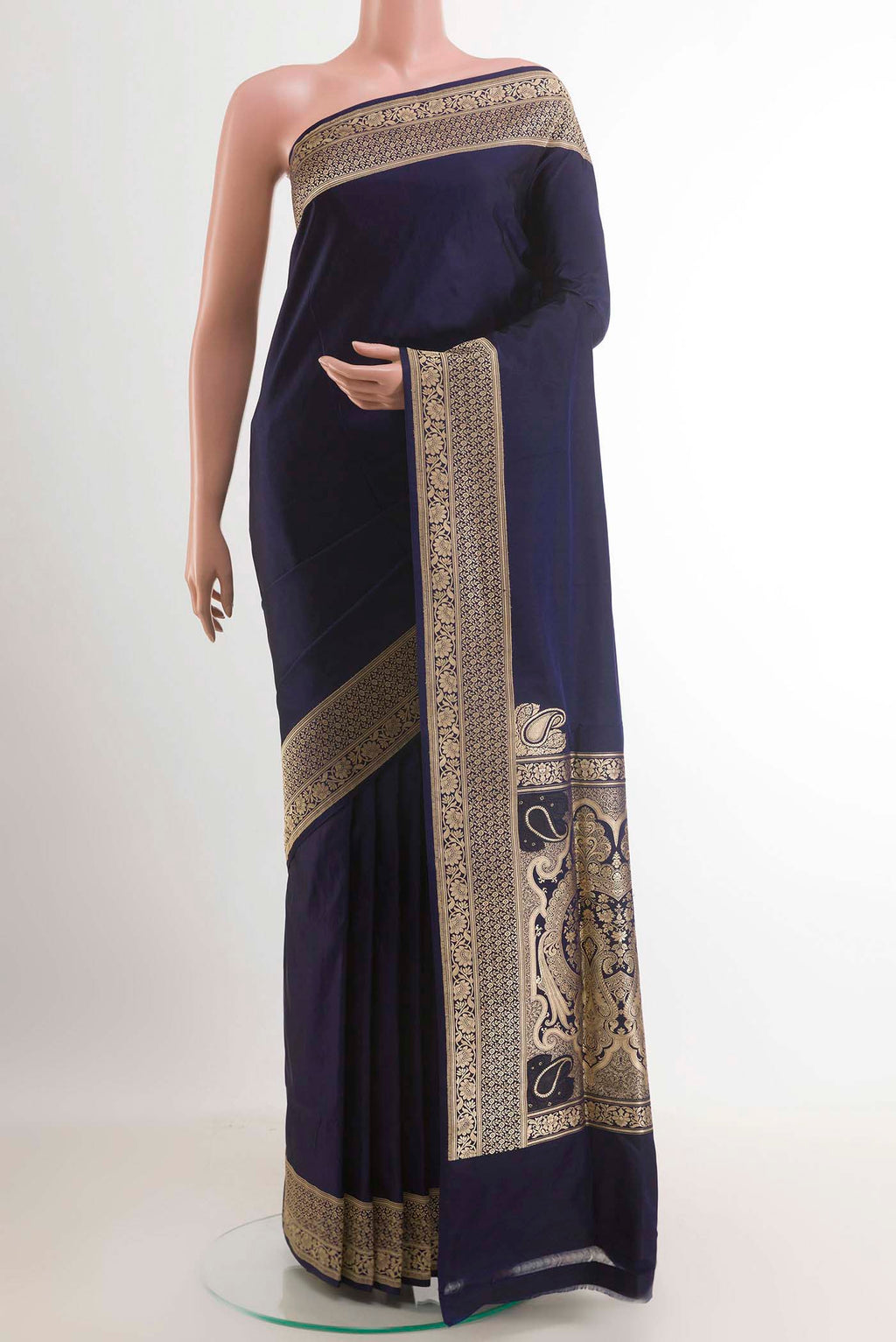 Dark Blue Banarasi Silk Saree with Plain Body and Zari Border.  displayed on a mannequin