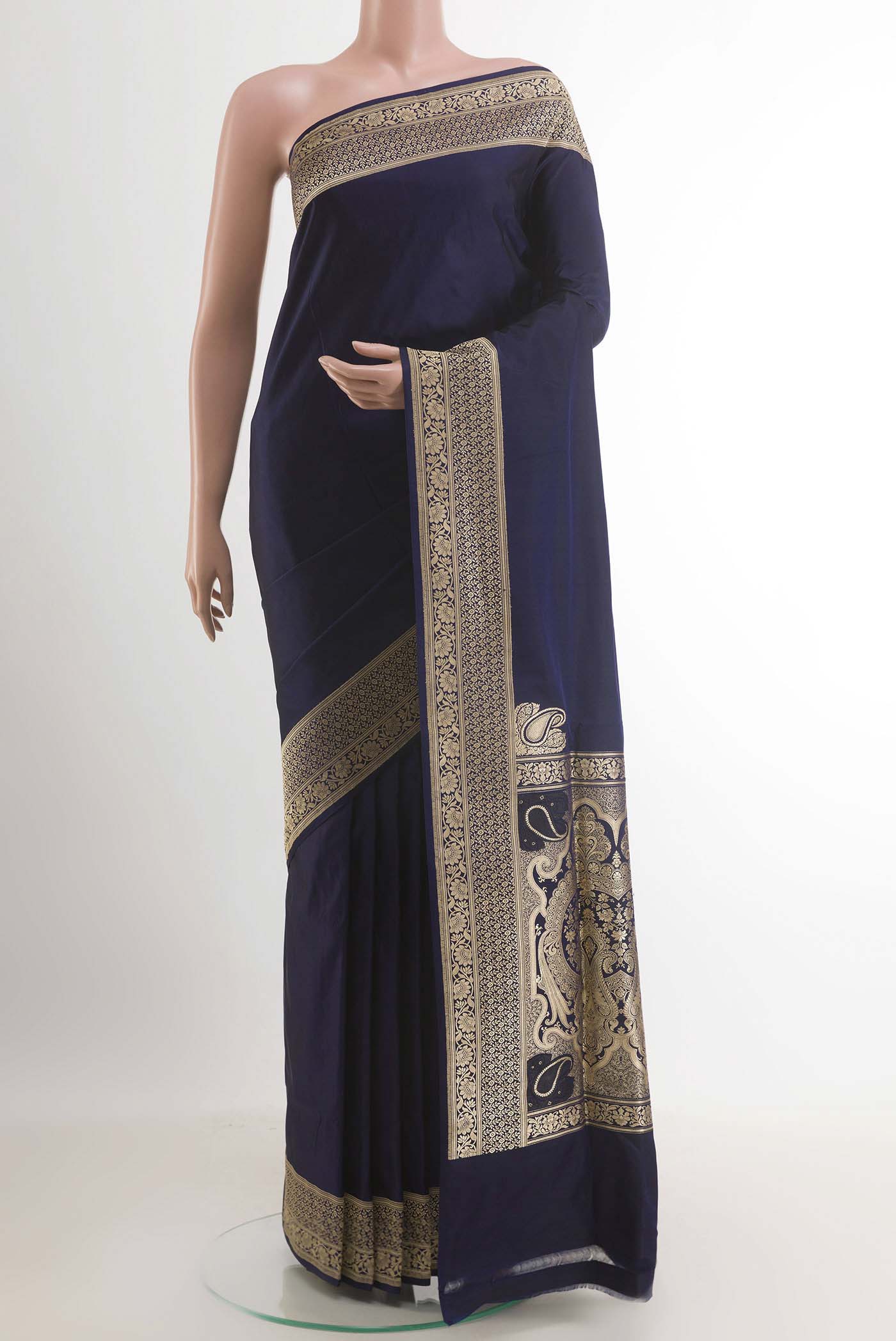 Dark Blue Banarasi Silk Saree with Plain Body and Zari Border.  displayed on a mannequin