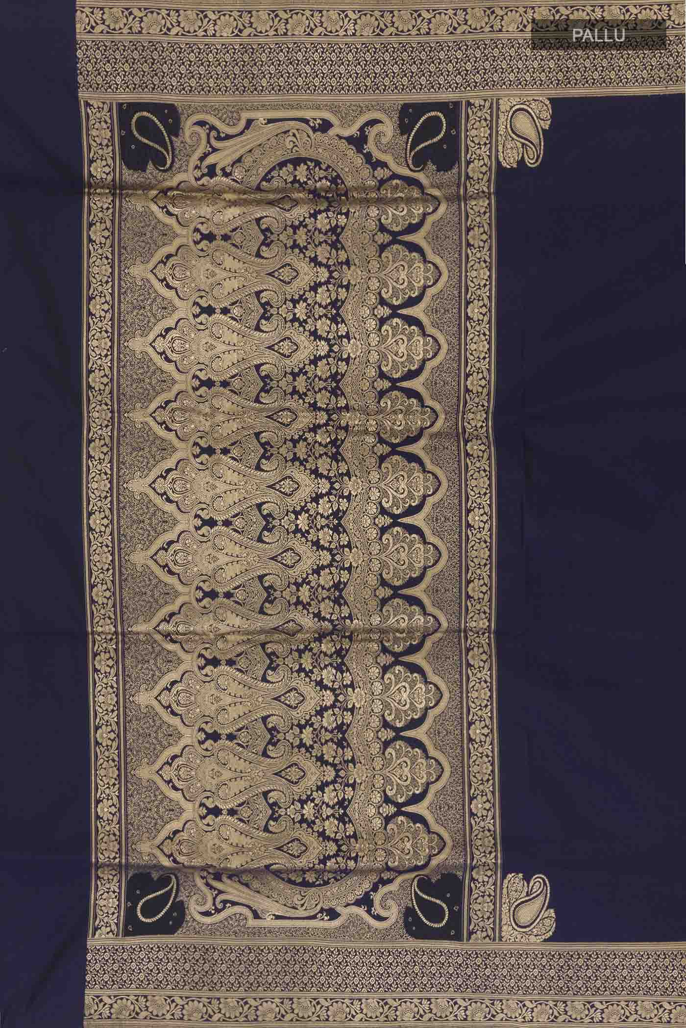 Close up image of the pallu of Dark Blue Banarasi Silk Saree with Plain Body and Zari Border. 