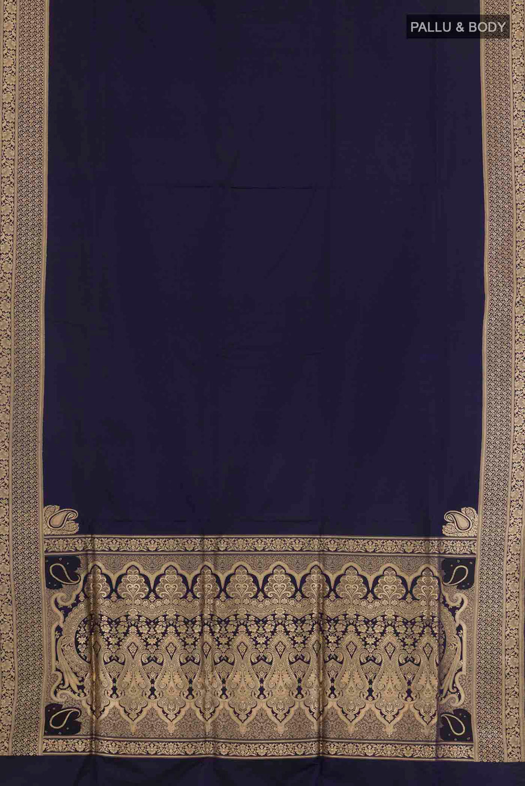 Flat view of Dark Blue Banarasi Silk Saree with Plain Body and Zari Border. 
