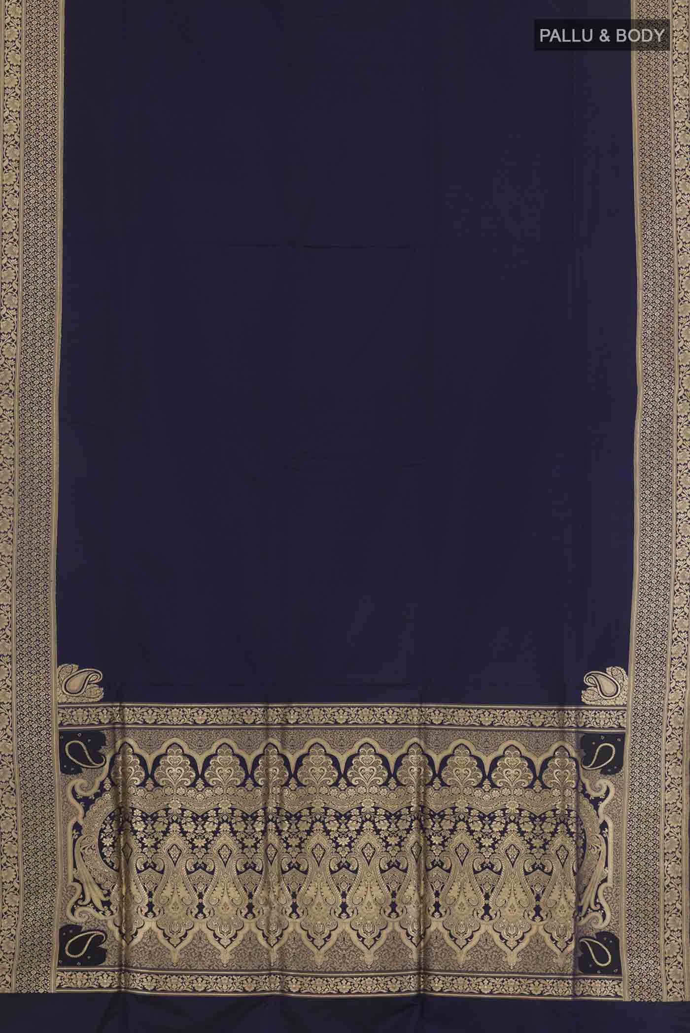 Flat view of Dark Blue Banarasi Silk Saree with Plain Body and Zari Border. 