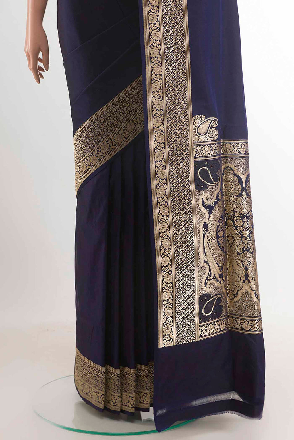 Pleats and pallu of Dark Blue Banarasi Silk Saree with Plain Body and Zari Border. 