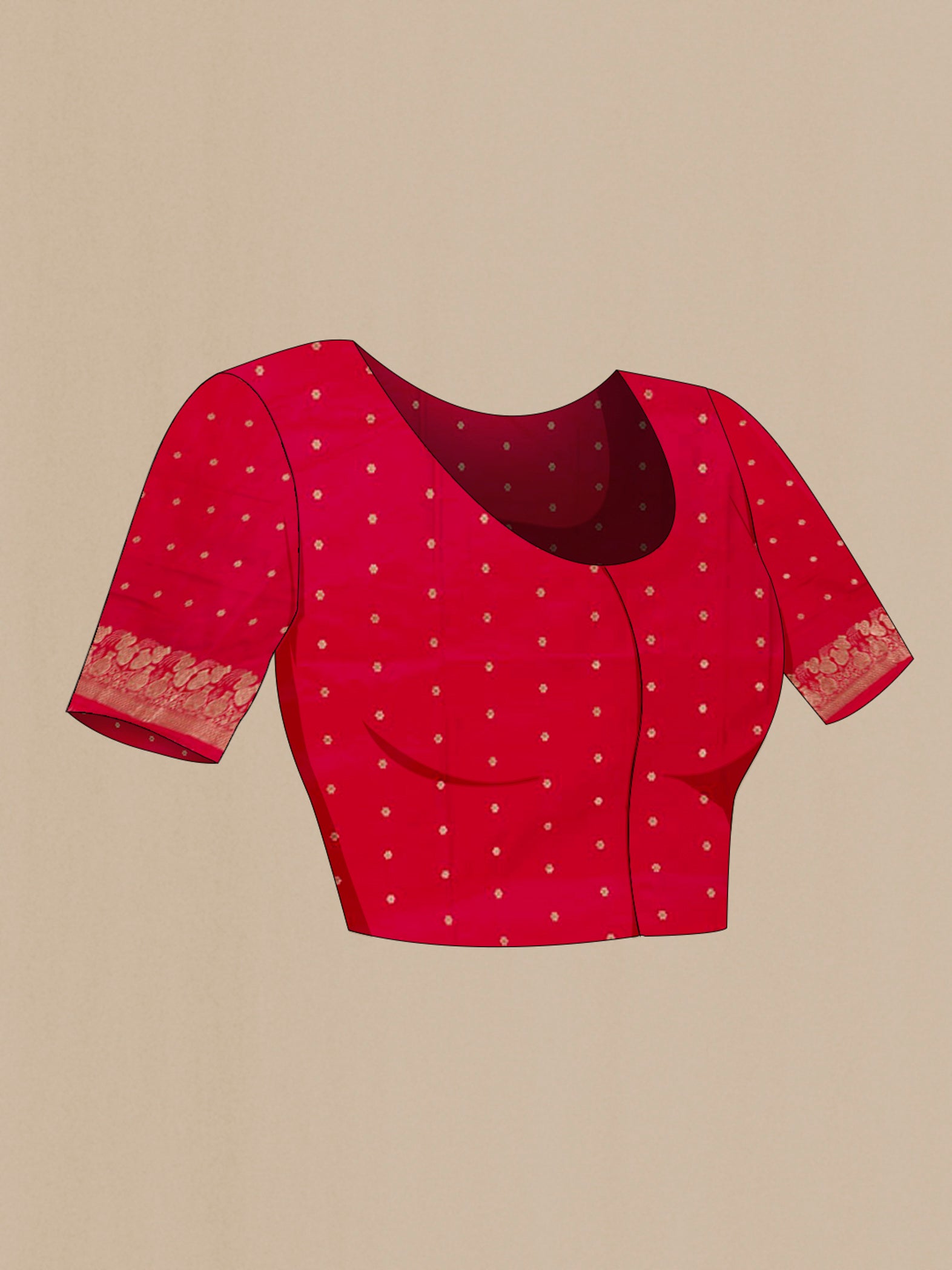 Close up image of the blouse of Red Banarasi Silk Saree with Plain Body and Zari Border. 