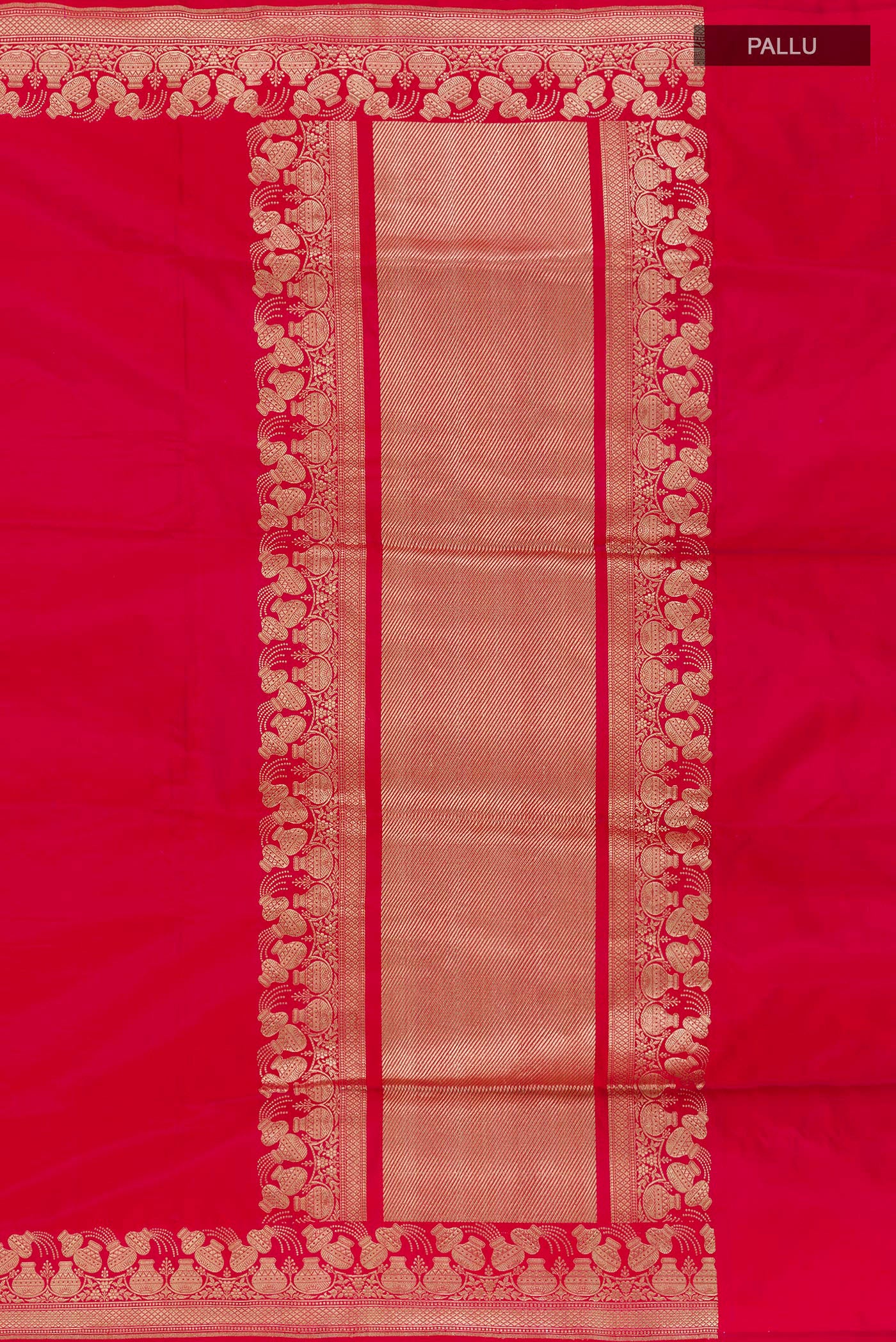 Close up image of the pallu of Red Banarasi Silk Saree with Plain Body and Zari Border. 
