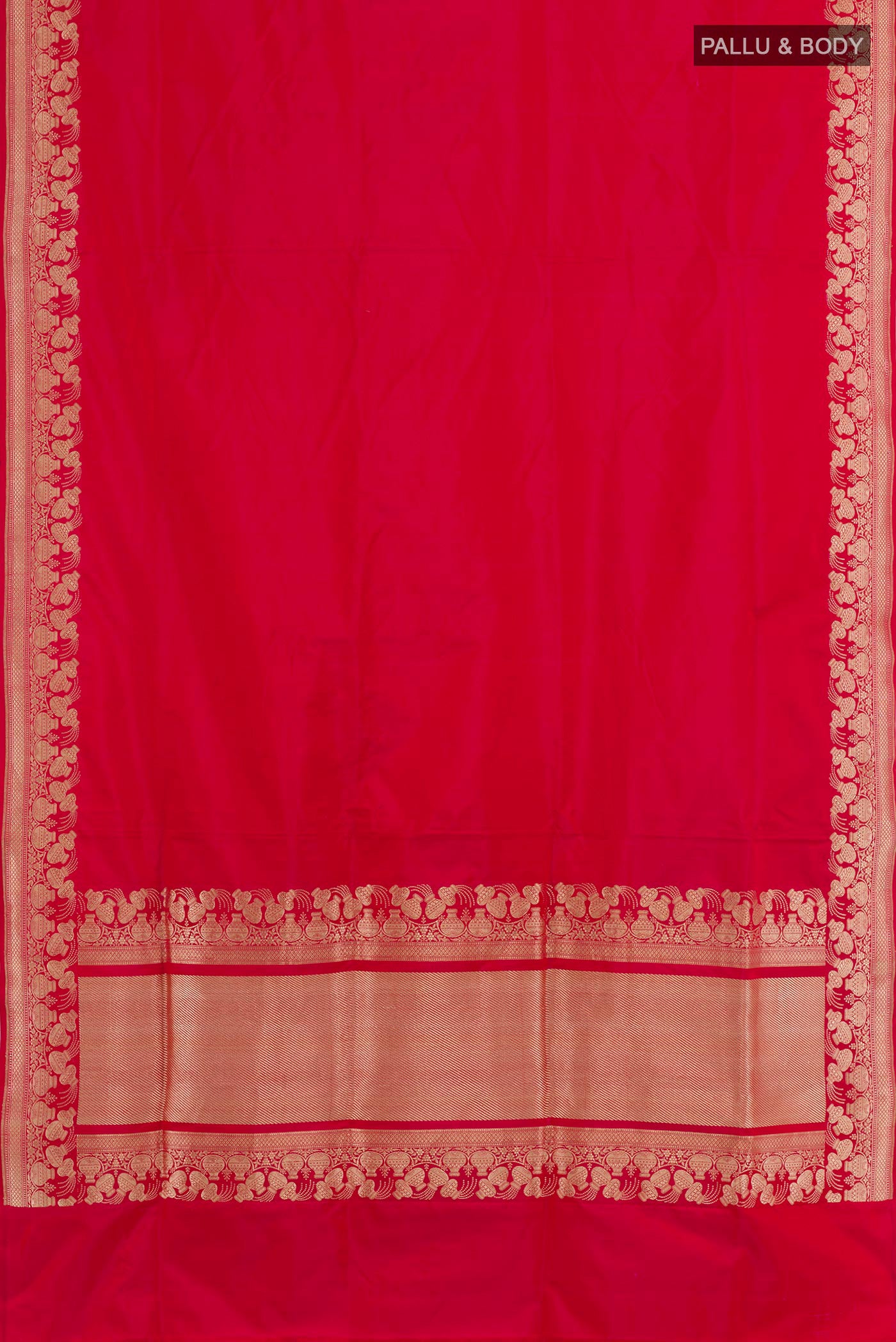 Flat view of Red Banarasi Silk Saree with Plain Body and Zari Border. 
