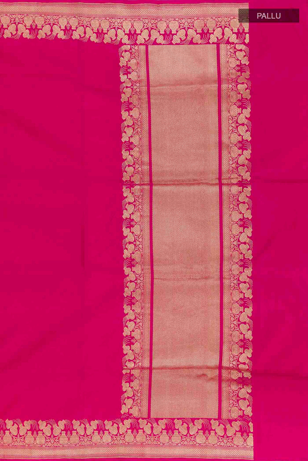 Close up image of the pallu of Pink Banarasi Saree with Plain Body and Zari Border. 