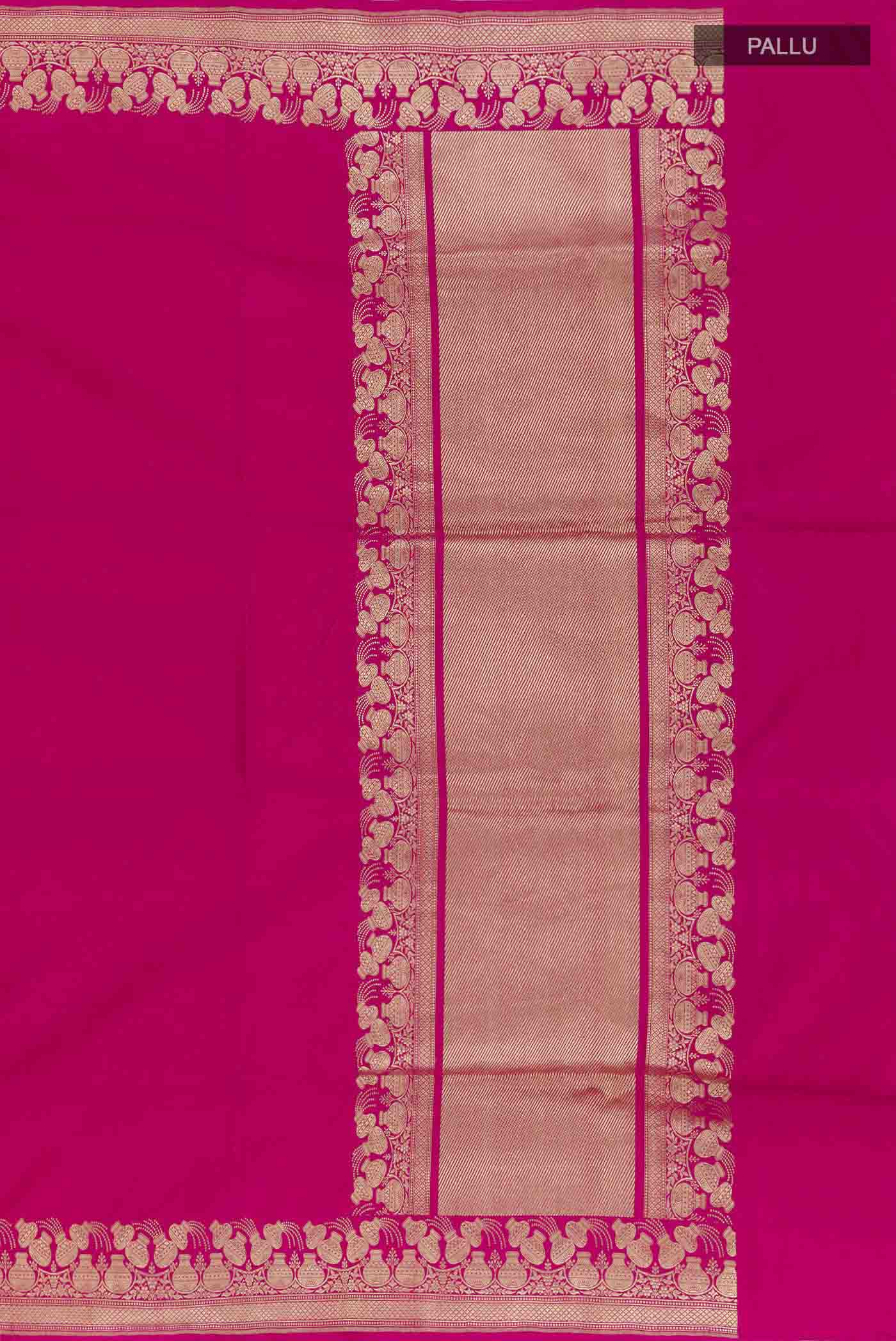 Close up image of the pallu of Pink Banarasi Saree with Plain Body and Zari Border. 