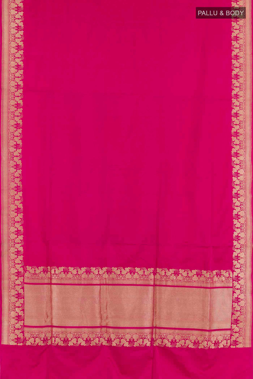 Flat view of Pink Banarasi Saree with Plain Body and Zari Border. 
