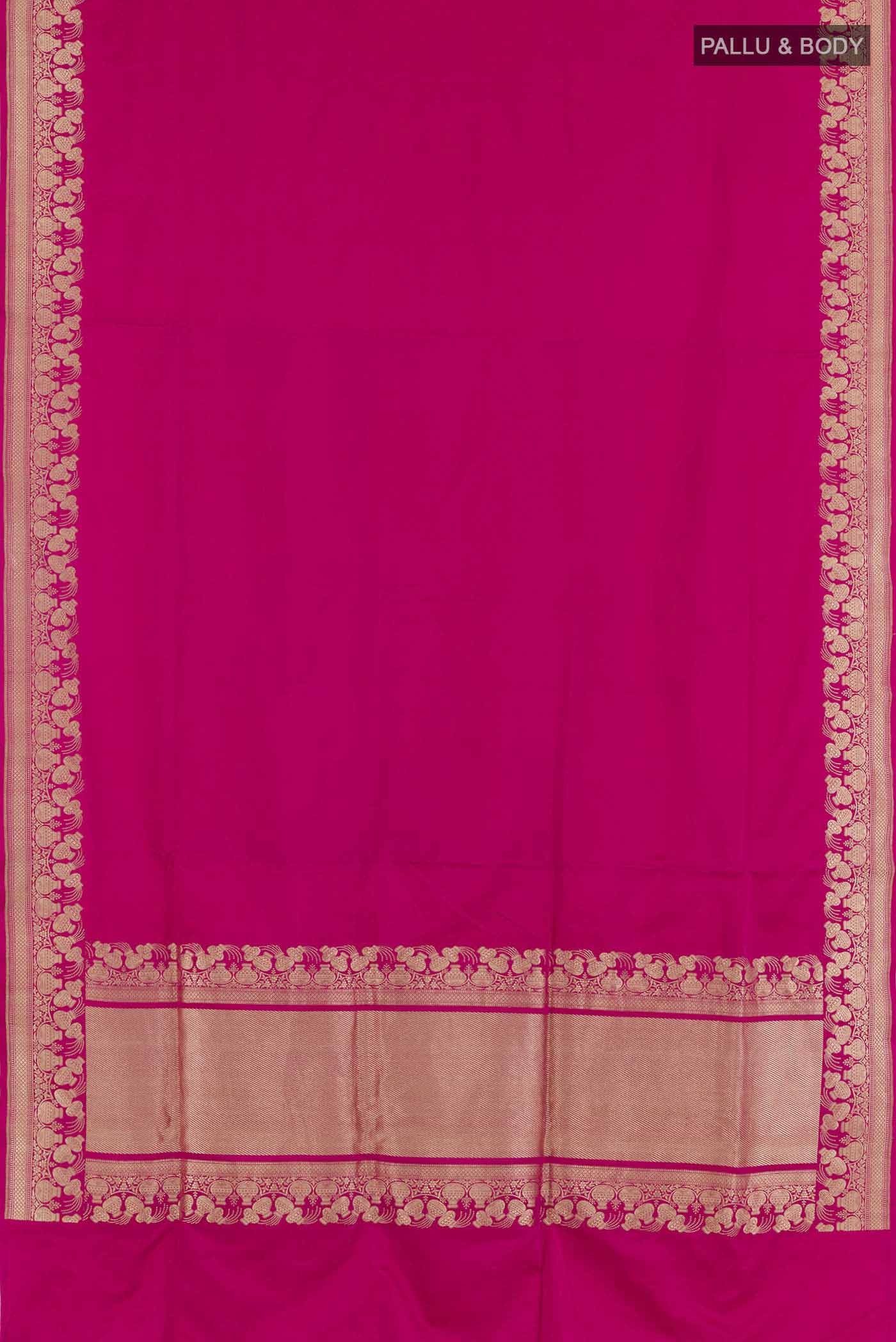 Flat view of Pink Banarasi Saree with Plain Body and Zari Border. 