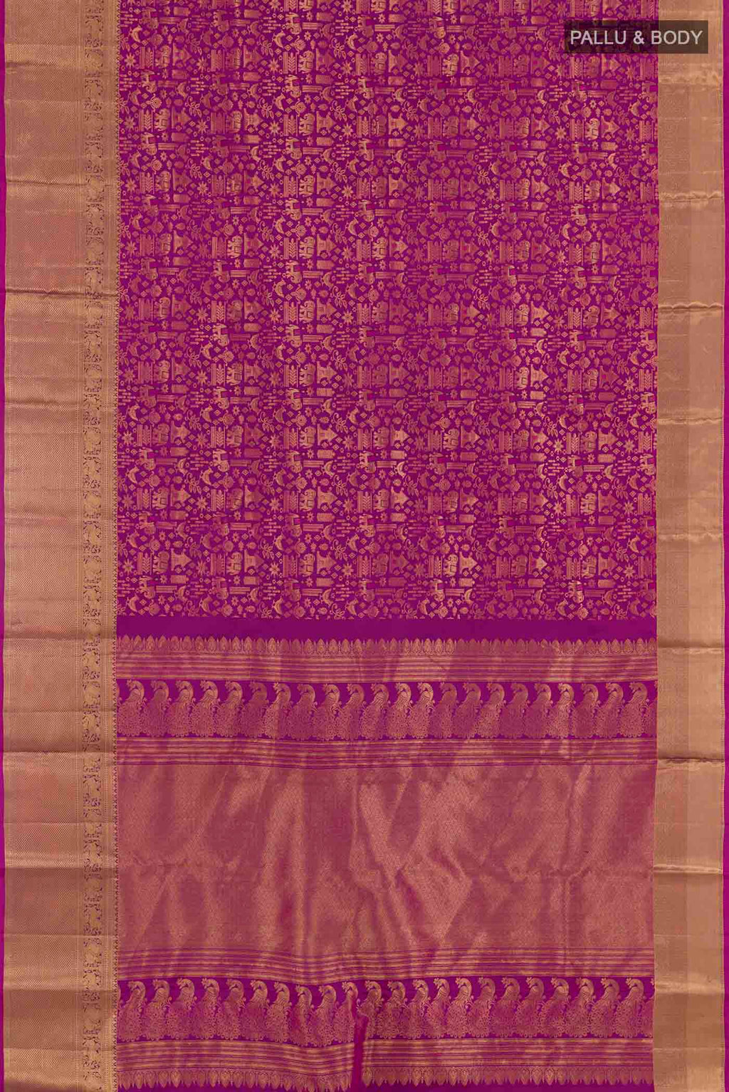 Flat view of Rani Pink Kanchipuram Silk Saree with Zari Brocade on the body and Zari Border. 