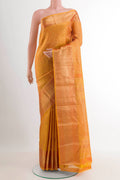 Yellow Kanchipuram Silk Saree with Zari Brocade on the body and Zari Border.  displayed on a mannequin