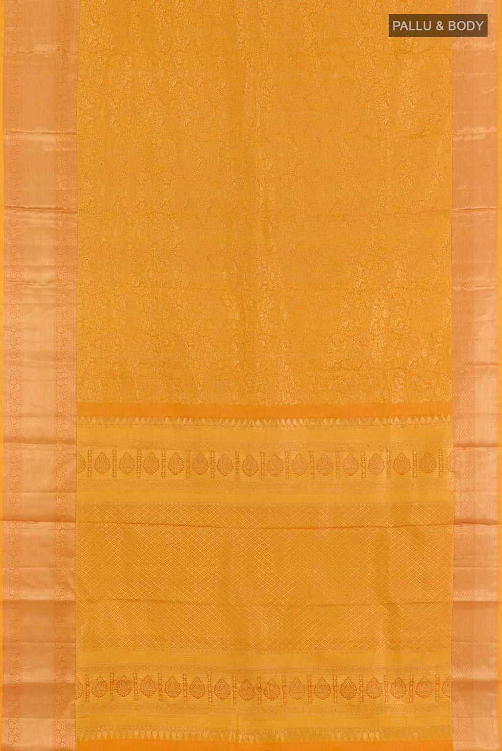 Flat view of Yellow Kanchipuram Silk Saree with Zari Brocade on the body and Zari Border. 
