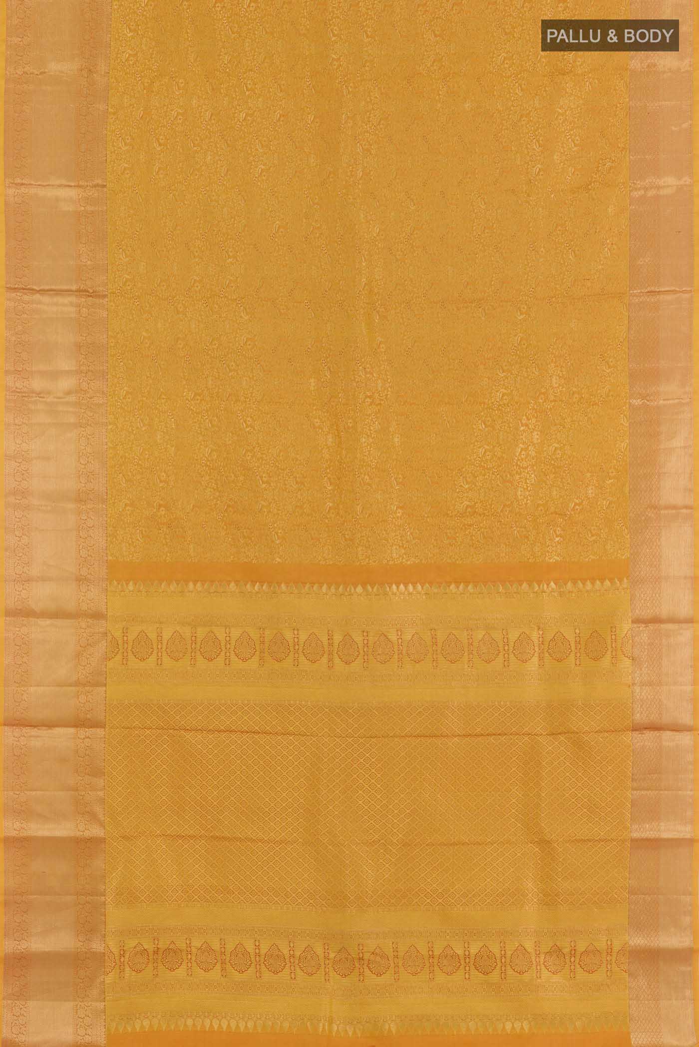 Flat view of Yellow Kanchipuram Silk Saree with Zari Brocade on the body and Zari Border. 