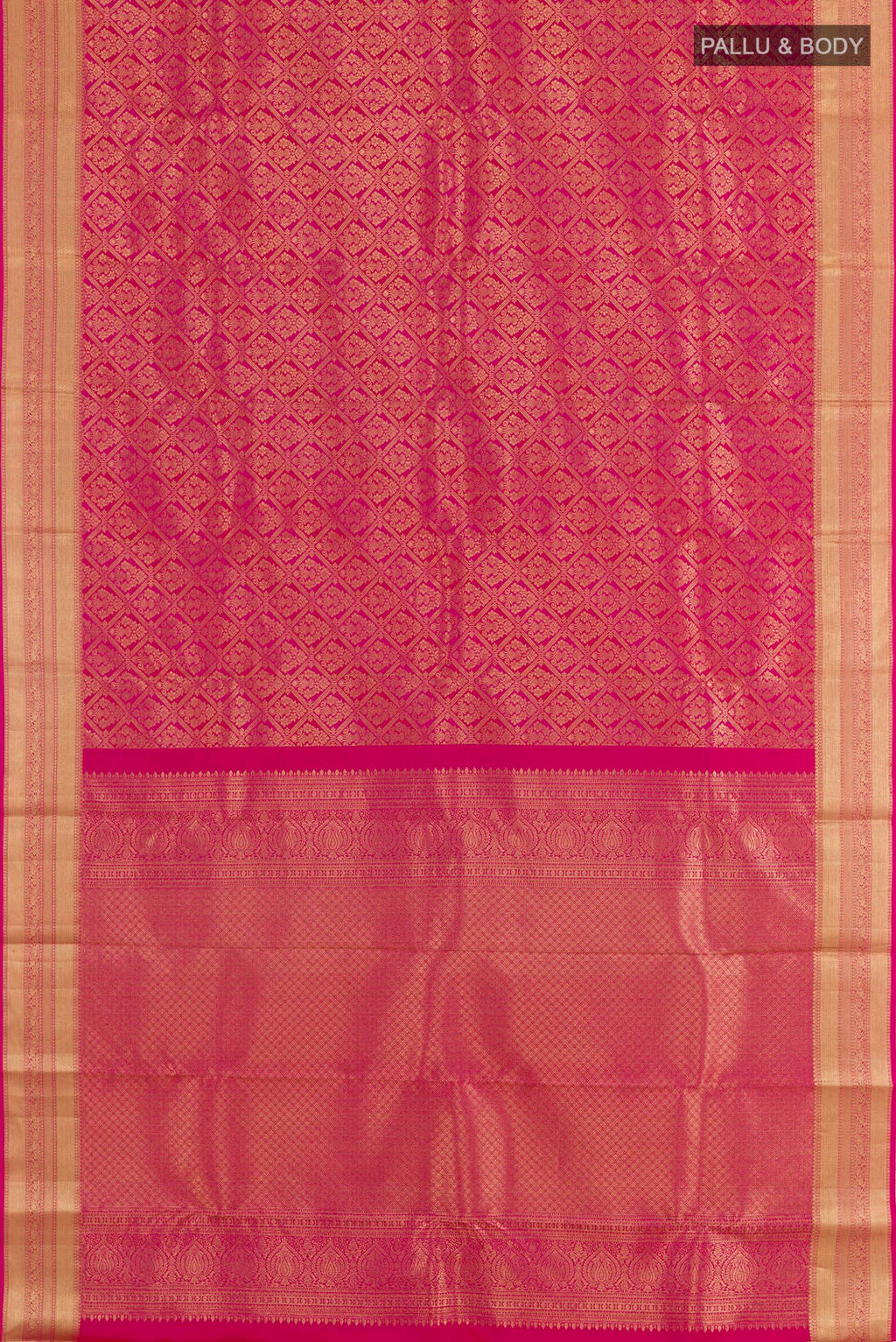 Flat view of Rani Pink Kanchipuram Silk Saree with Zari Brocade on the body and Zari Border. 
