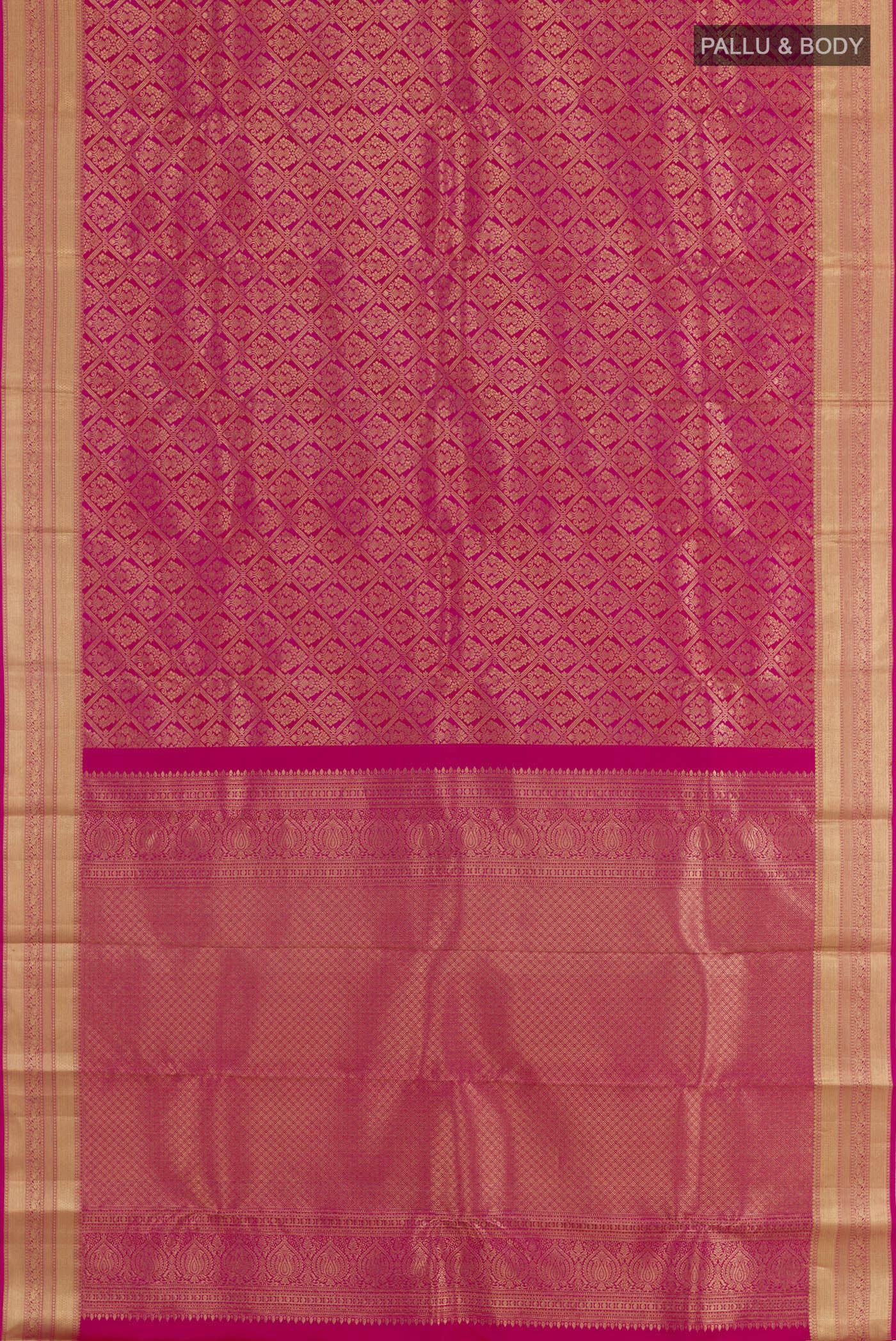 Flat view of Rani Pink Kanchipuram Silk Saree with Zari Brocade on the body and Zari Border. 