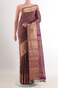 Purple Kanchipuram Silk Saree with Zari Brocade on the body and Zari Border.  displayed on a mannequin