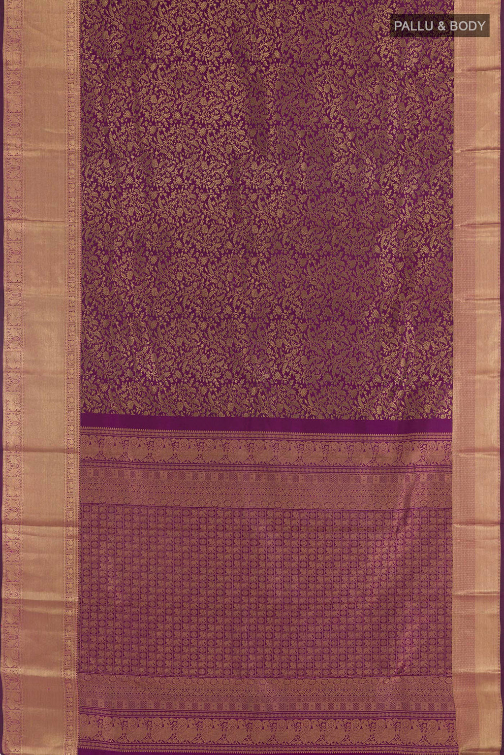 Flat view of Purple Kanchipuram Silk Saree with Zari Brocade on the body and Zari Border. 