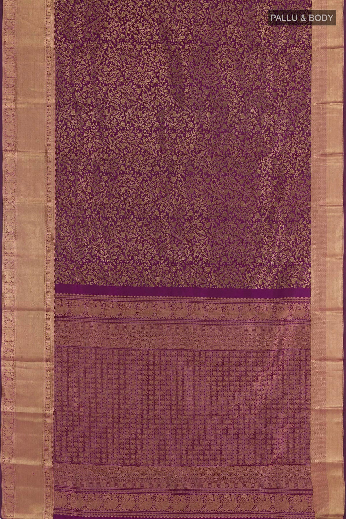 Flat view of Purple Kanchipuram Silk Saree with Zari Brocade on the body and Zari Border. 
