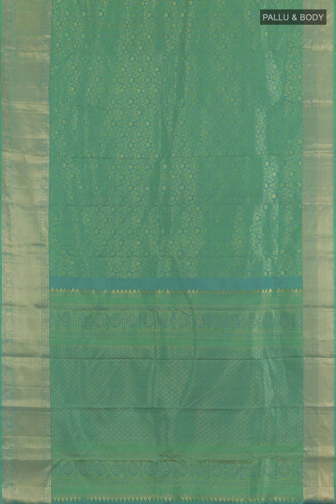 Flat view of Sea Green Kanchipuram Silk Saree with Zari Brocade on the body and Zari Border. 