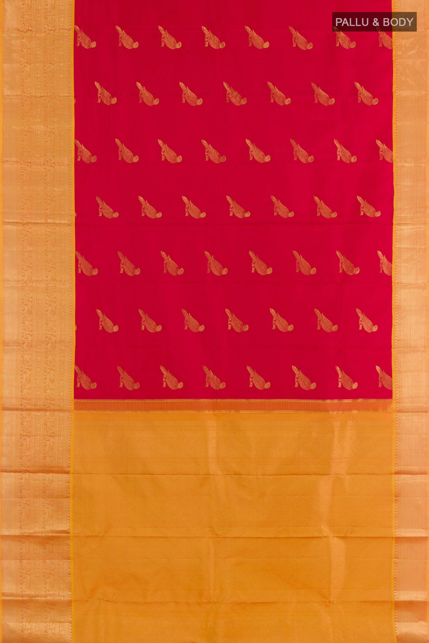 Flat view of Red Kanchipuram Silk Saree with Zari Butta on the body and Zari Border. 