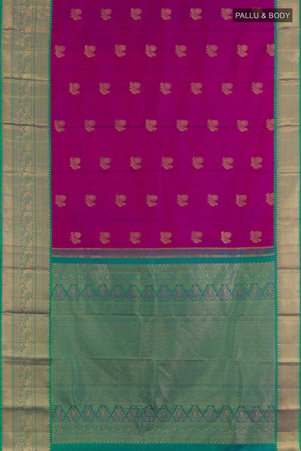 Flat view of Purple Kanchipuram Silk Saree with Jacquard design on the body and Zari Border. 