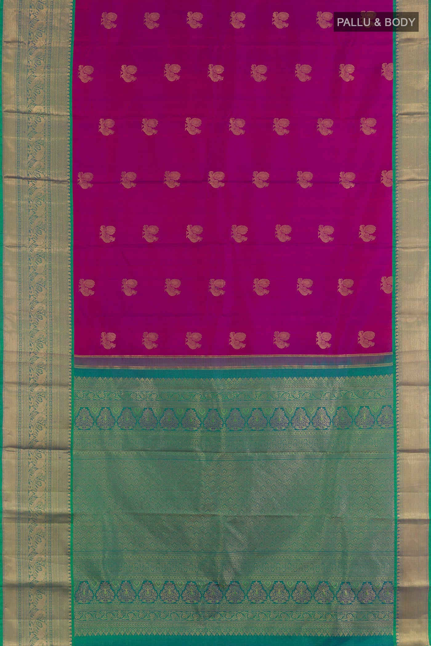 Flat view of Purple Kanchipuram Silk Saree with Jacquard design on the body and Zari Border. 