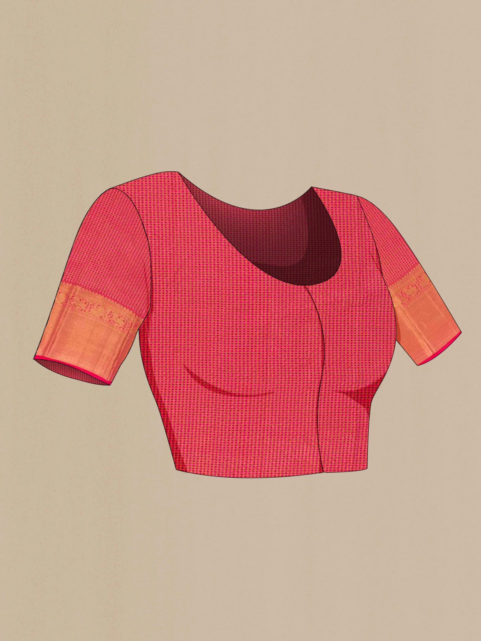 Close up image of the blouse of Purple Kanchipuram Silk Saree with Zari Butta on the body and Zari Border. 