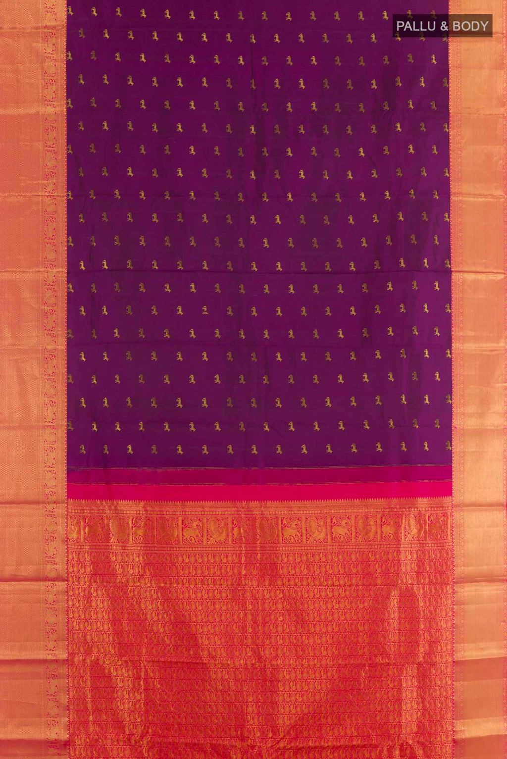 Flat view of Purple Kanchipuram Silk Saree with Zari Butta on the body and Zari Border. 
