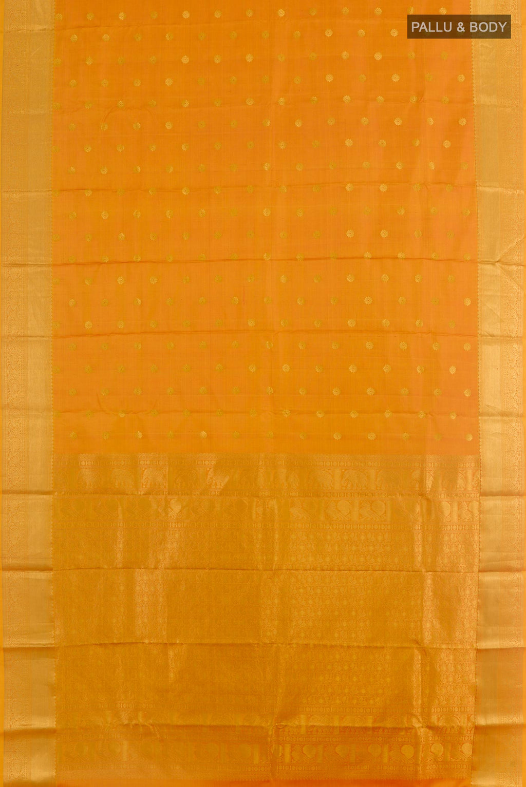Flat view of Mustard Kanchipuram Silk Saree with Zari Butta on the body and Zari Border. 