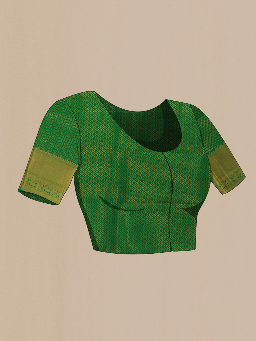 Close up image of the blouse of Pure Silk Green Kanchipuram Saree with Zari Butta on the body and Zari Border. 