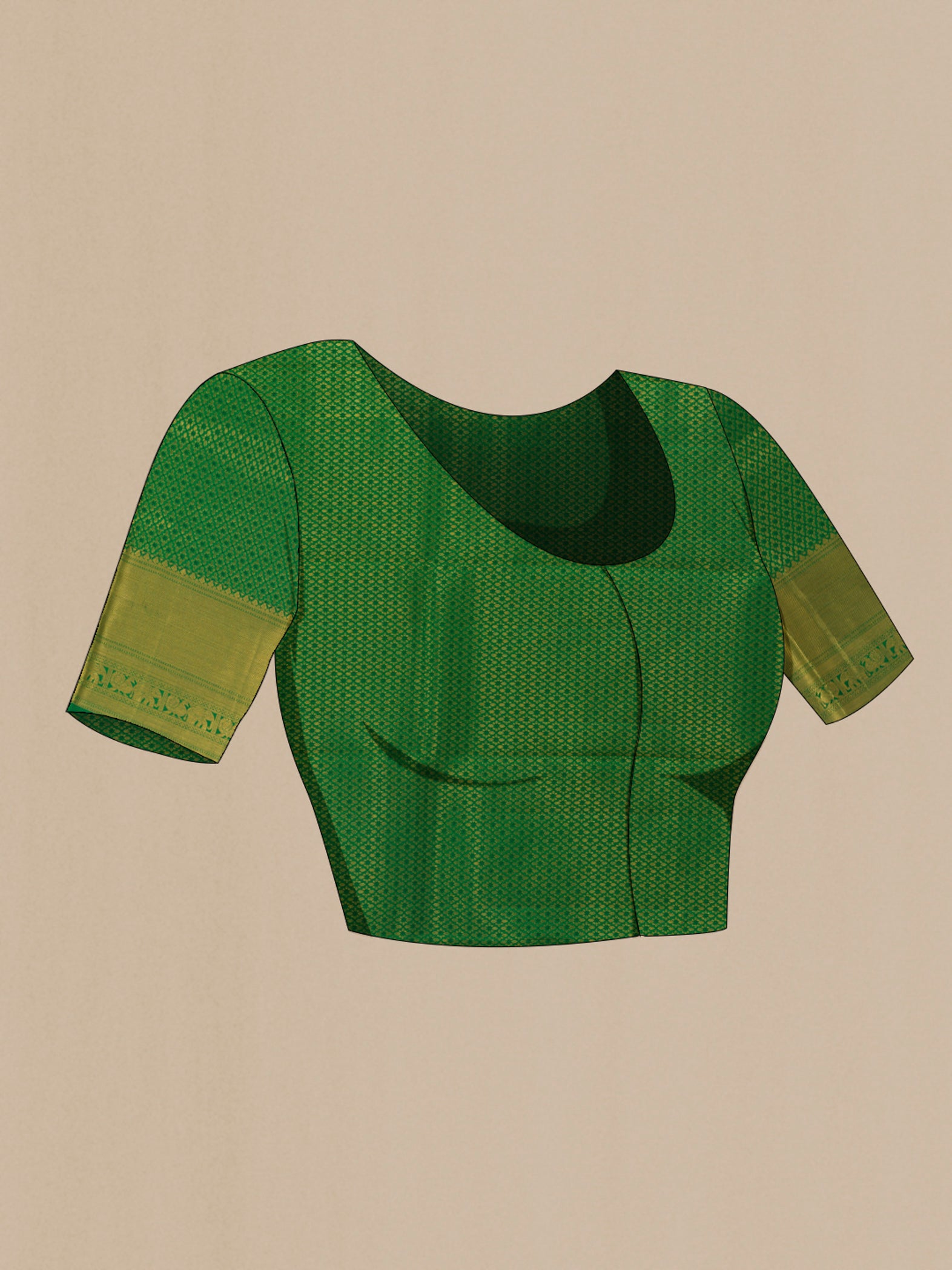 Close up image of the blouse of Pure Silk Green Kanchipuram Saree with Zari Butta on the body and Zari Border. 