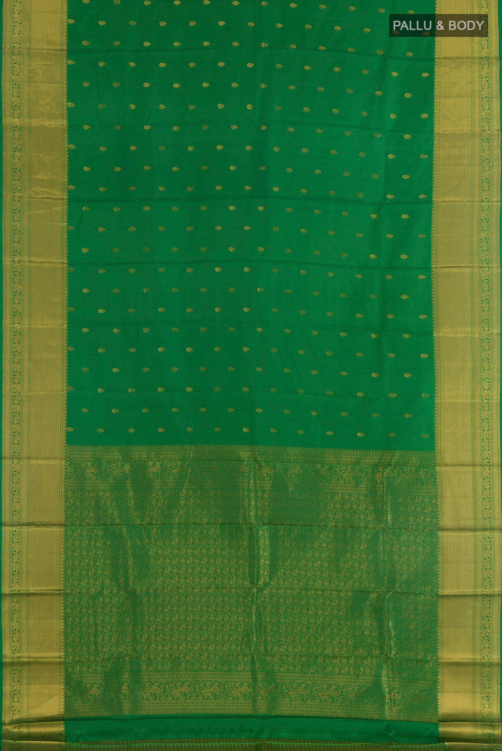 Flat view of Pure Silk Green Kanchipuram Saree with Zari Butta on the body and Zari Border. 