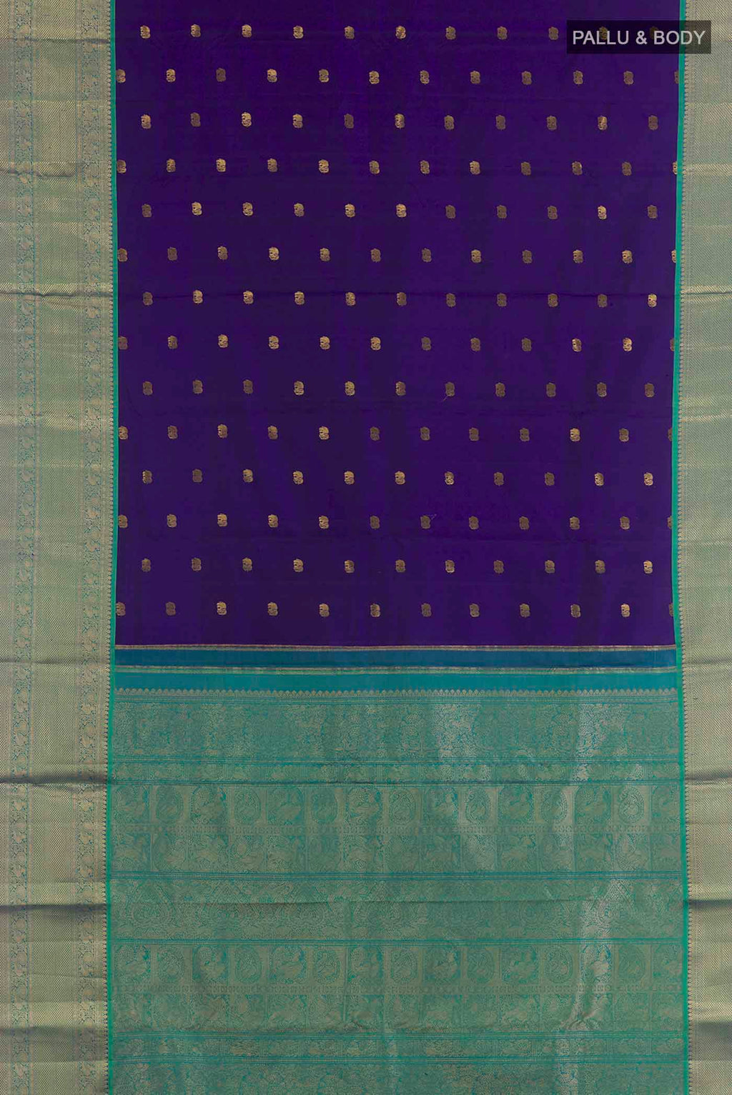 Flat view of Blue Kanchipuram Silk Saree with Zari Butta on the body and Zari Border. 