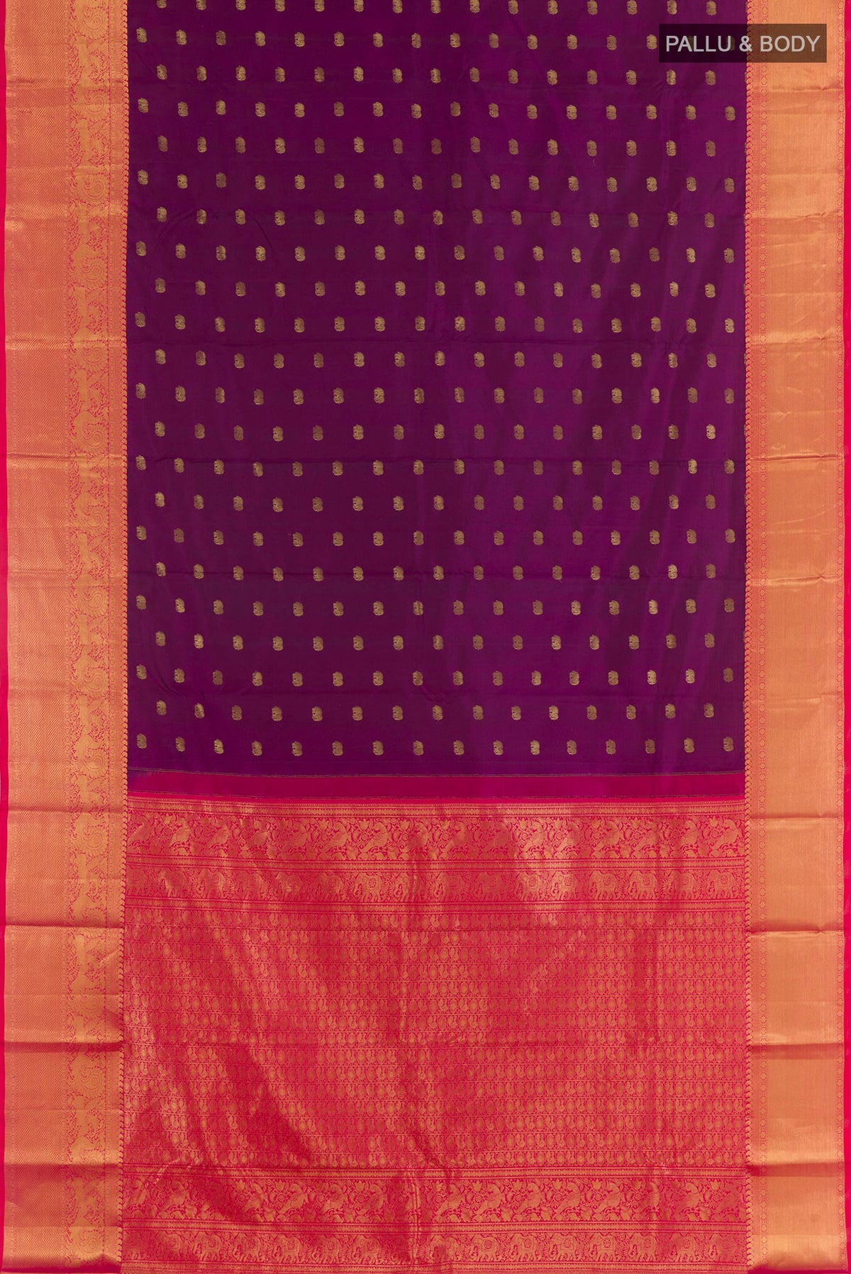 Flat view of Purple Kanchipuram Silk Saree with Zari Brocade on the body and Zari Border. 