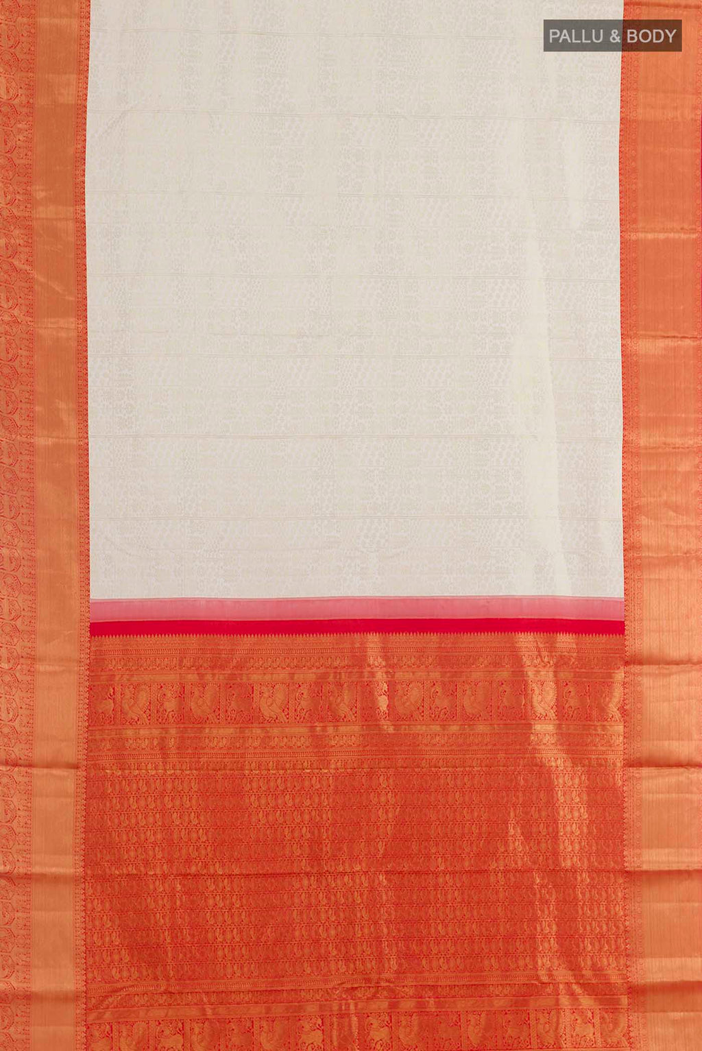Flat view of Off White Kanjivaram Silk Saree with Zari Brocade on the body and Zari Border. 