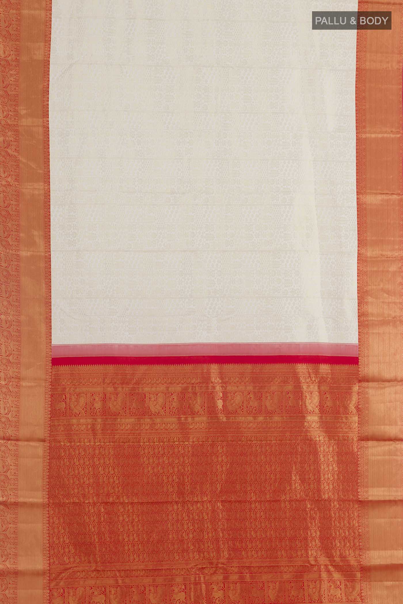 Flat view of Off White Kanjivaram Silk Saree with Zari Brocade on the body and Zari Border. 