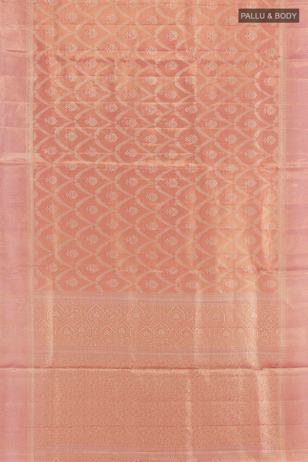 Flat view of Rose Gold Kanchipuram Tissue Silk Saree with Zari Brocade on the body and Zari Border. 