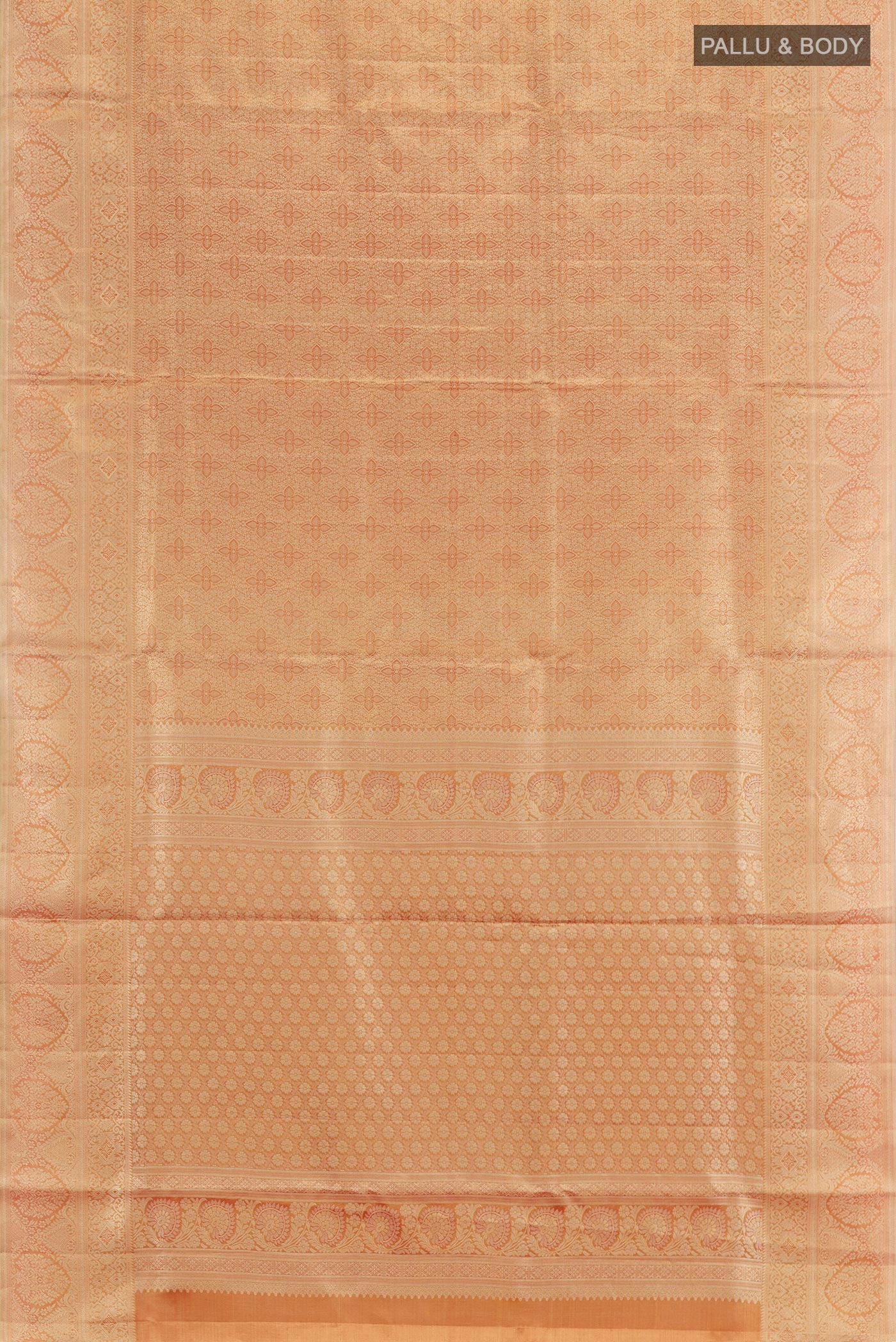 Flat view of Golden Peach Kanchipuram Tissue Silk Saree with Zari Brocade on the body and Zari Border. 