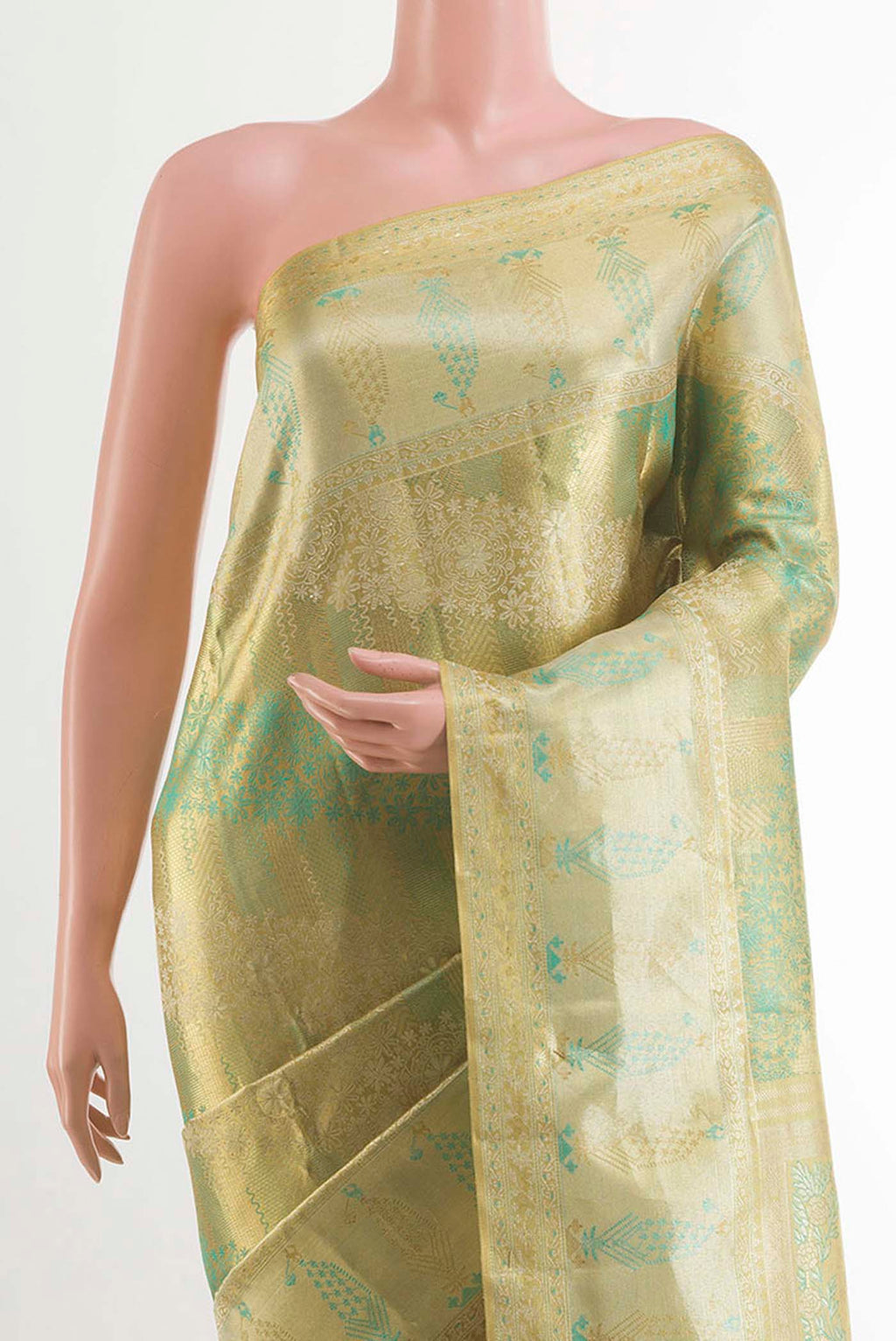 Border image of Golden Kanjivaram Tissue Silk Saree with Zari Brocade on the body and Zari Border. 