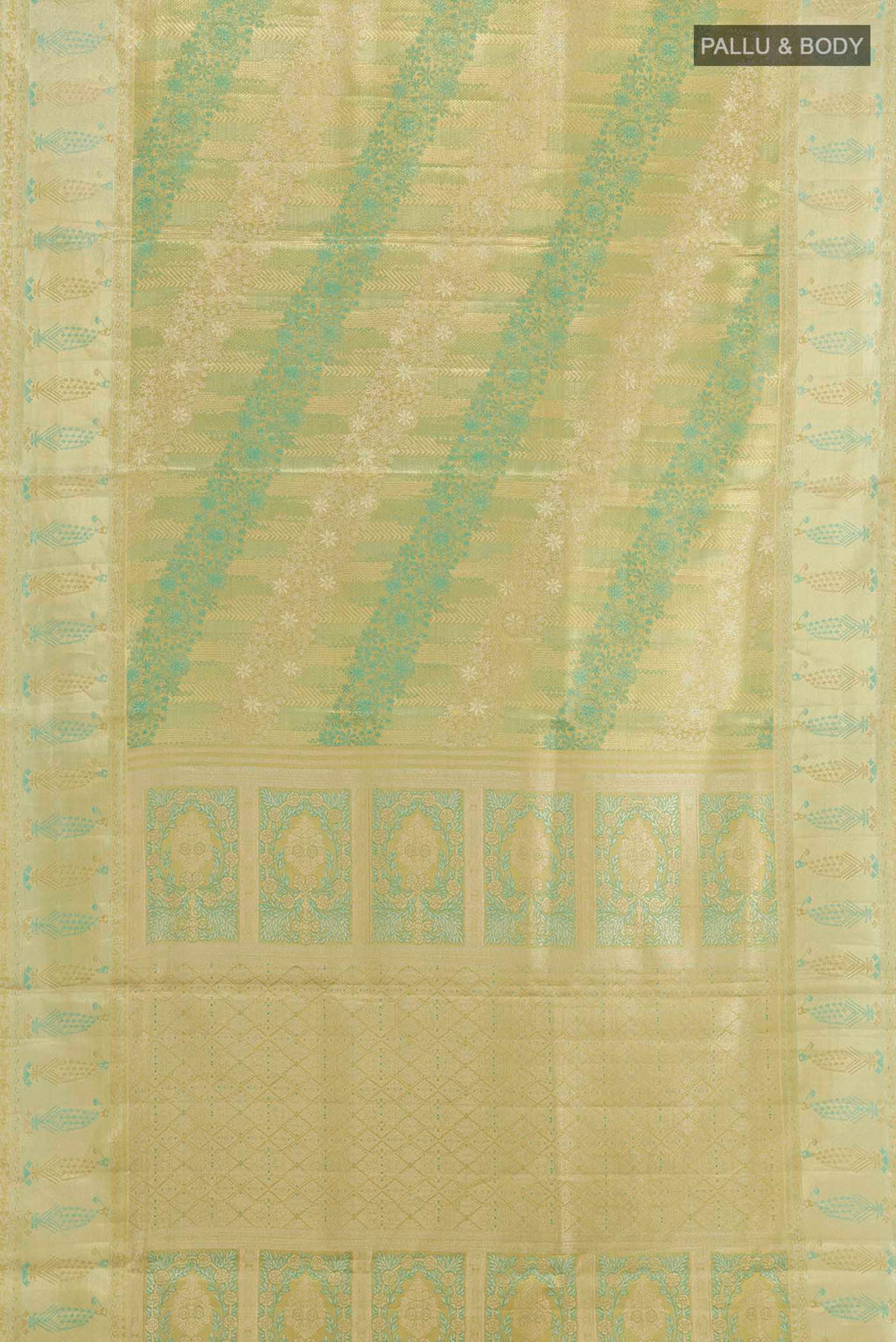 Flat view of Golden Kanjivaram Tissue Silk Saree with Zari Brocade on the body and Zari Border. 