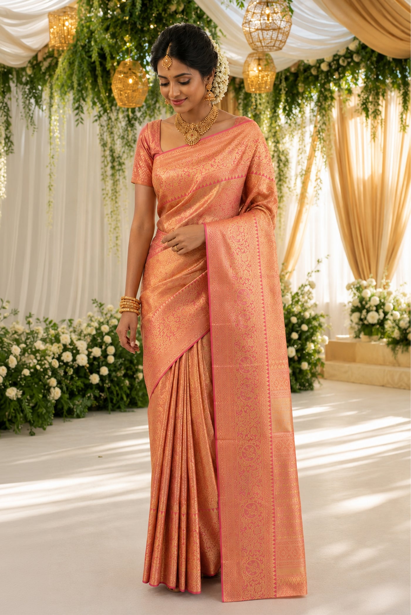 Model wearing a Coral with Gold Color Kanchipuram Tissue Silk Saree with Zari Brocade on the body and Zari Border.