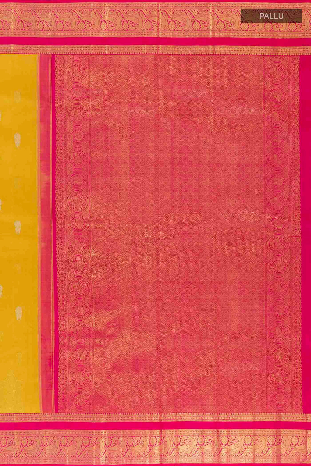 Close up image of the pallu of Yellow Kanchipuram Silk Saree with Zari Butta on the body and Ganga Jamuna Border. 